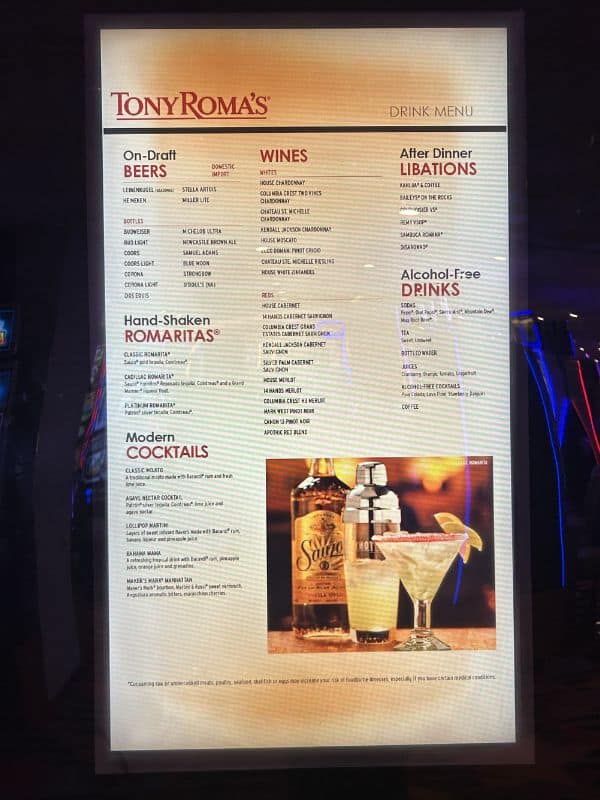 Tony Roma's Drink Menu