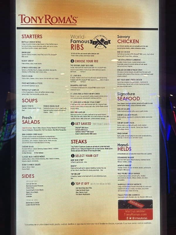 Tony Roma's Las Vegas Menu